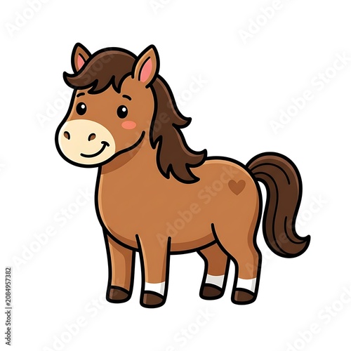 Cute cartoon brown horse with big eyes smiling.