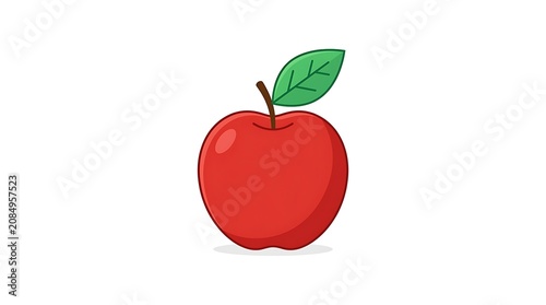 Red apple with green leaf on white background.