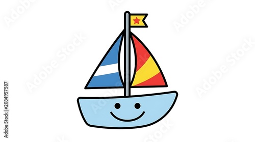 Colorful sailboat on calm blue water.