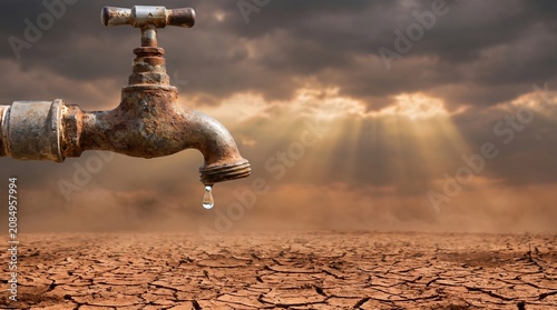 Rusty water tap with a single drop over cracked dry land under dramatic sunlight. Concept of drought, heatwave, water scarcity, climate change, extreme weather, and environmental crisis