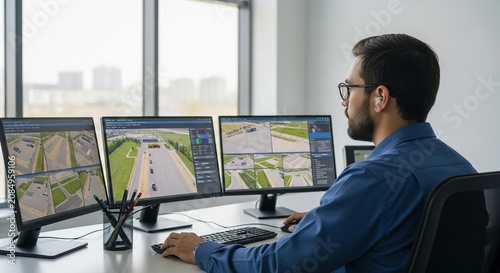 Security operator intently monitors multiple video feeds on dual computer screens in a modern office setting, managing surveillance systems and data.