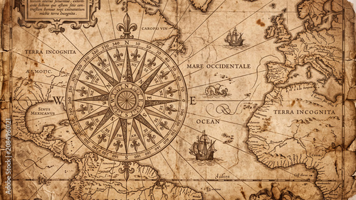 Vintage antique map with a compass rose and ships sailing on the ocean with terra incognita labeled on the sides