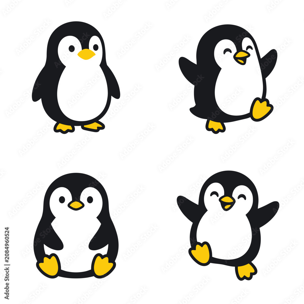 Obraz premium Four pixel art penguins in cute poses, standing, sitting, and waving, with black and white bodies and yellow beaks and feet, simple cartoon style for children's designs