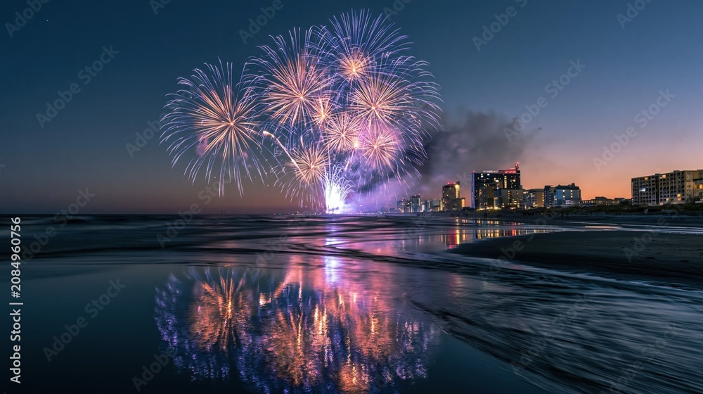 Obraz premium Beautiful fireworks display over beach shoreline at night with ocean reflections for summer travel posters, holiday event marketing and coastal vacation advertising