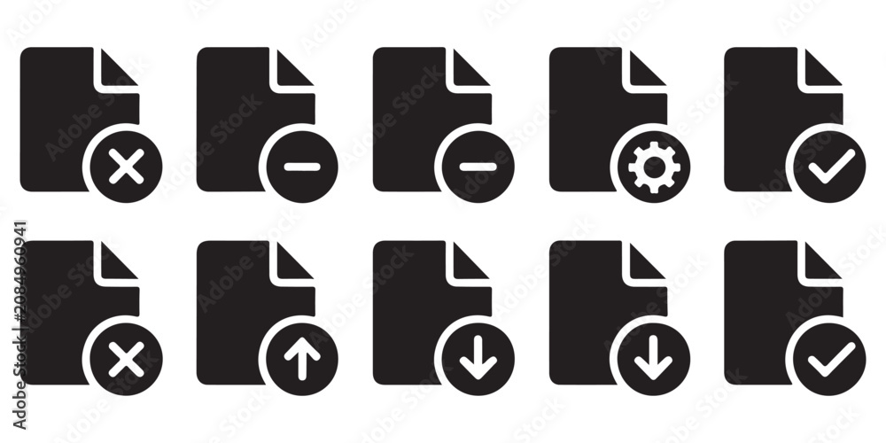 Fototapeta premium Solid file icons with various actions including cancel remove add download and check.