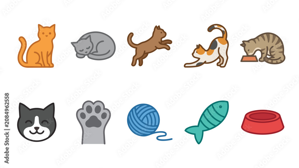 Obraz premium Cute cat and pet icon collection in a flat vector style.