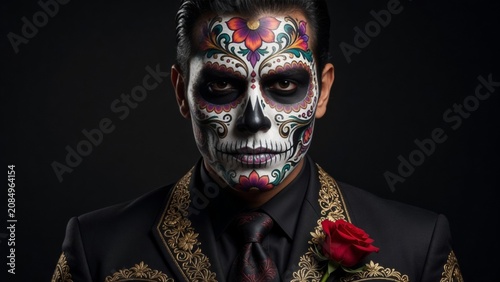 Man with Day of the Dead makeup in ornate suit on dark background