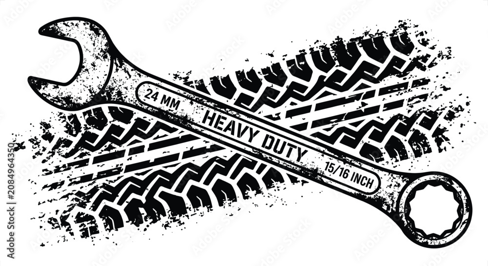 Obraz premium Wrench on Tire Track Background Vector Illustration Heavy Duty Mechanic Concept