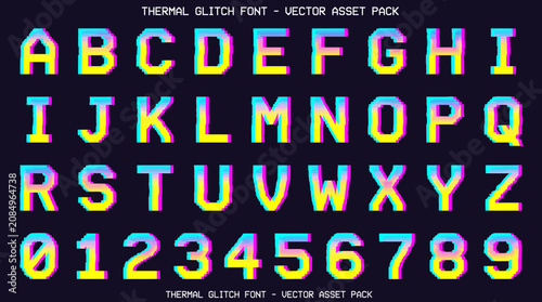 Foto An alphabet and digits 09 in a pixelated thermal glitch style with cyan and yell