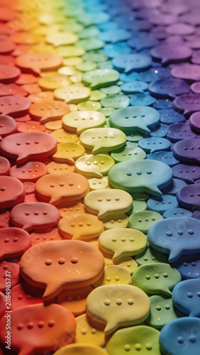 Flat lay texture of dense rainbow colored speech bubbles in a gradient pattern.