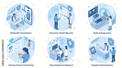Modern isometric digital healthcare solutions with telehealth, EHR, diagnostics, and data analytics, illustrating integrated medical services for patient care, ideal for health tech presentations and