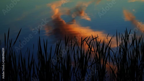 A breathtaking summer sunset reflects across the calm waters of a Canadian lake. Golden, orange, and warm evening colors create a peaceful landscape as the sun slowly disappears below the horizon.