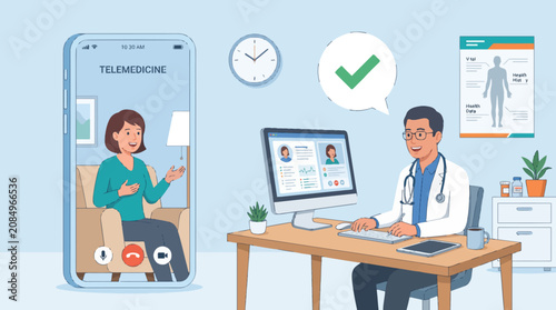 Modern digital healthcare consultation via telemedicine on smartphone and computer, concept for remote medical advice, online doctor visit and virtual patient care, health technology promotion