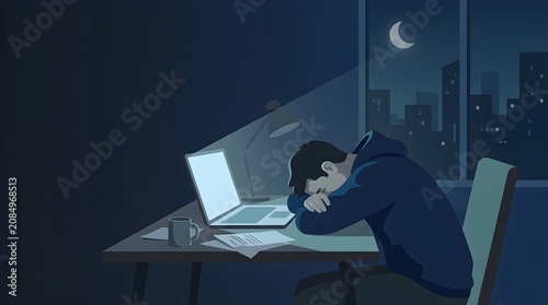 Moody Illustration of Stressed Person Working Late
