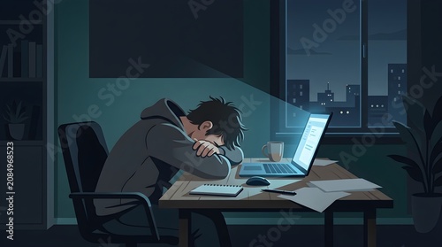 Moody Digital Illustration of Stressed Person Working Late