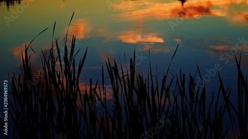 A breathtaking summer sunset reflects across the calm waters of a Canadian lake. Golden, orange, and warm evening colors create a peaceful landscape as the sun slowly disappears below the horizon.