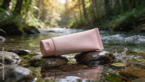 Minimalist Blank Pink Cosmetic Tube Resting on Natural River Stones Beside a Crystal Clear Forest Stream