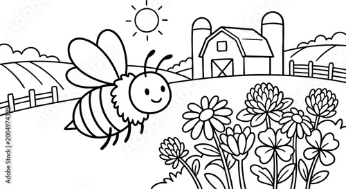 Cute Bee Coloring Page with Farm Scene