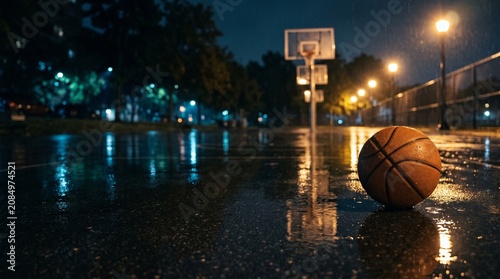 Low angle perspective capturing a basketball on a wet outdoor court at night with streetlights reflecting on rain soaked asphalt