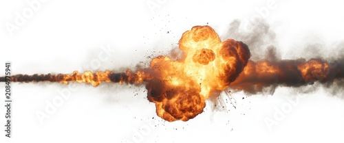 Large fiery explosion with smoke trails isolated on white background