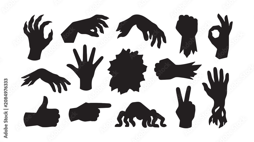 Fototapeta premium Collection of Hand Drawn Animal and Human Hands Silhouettes on White Background
