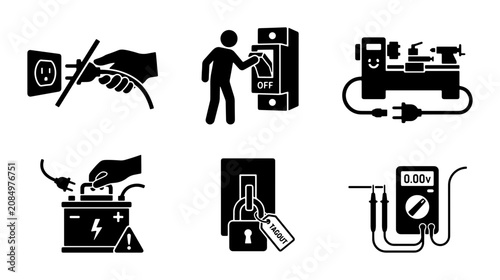 Foto Electrical Safety Icons, Power Control Symbols, Battery Connection, Lockout Tago