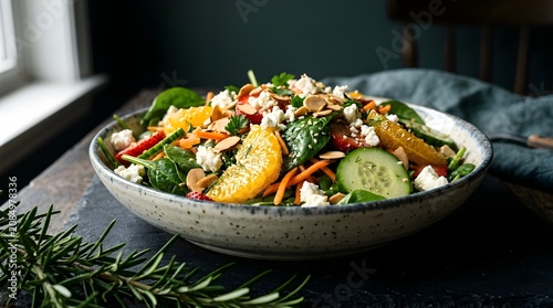A vibrant, fresh salad featuring spinach, oranges, carrots, cucumber, and feta cheese, artfully arranged in a rustic bowl