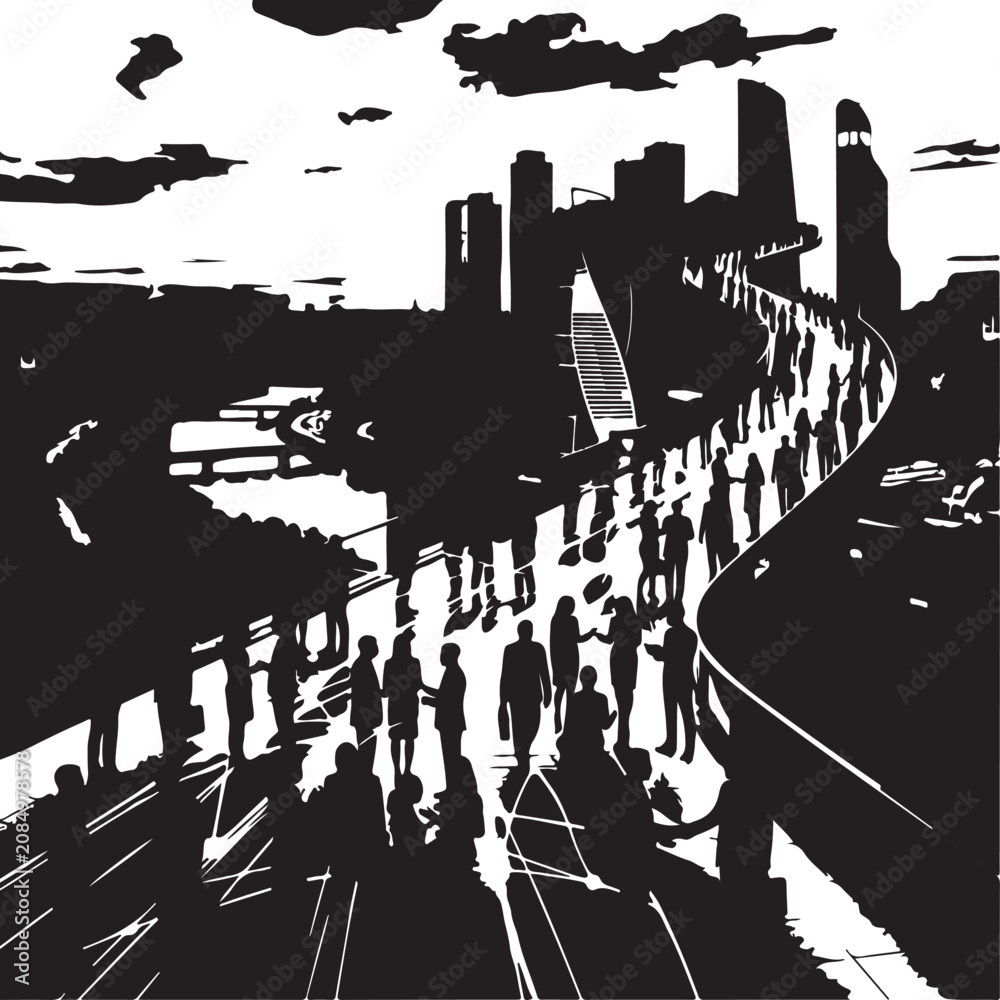Obraz premium Cityscape, Urban Landscape, Black and White, Vector Illustration, City Life, Modern Metropolis