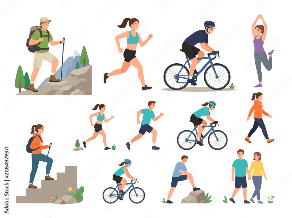 Fototapeta premium A diverse collection of people engaging in various outdoor fitness and recreational activities.