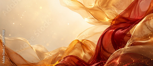 Luxury abstract background of flowing translucent silk organza waves in gold, amber and deep red with golden sparkles and copy space, elegant wide banner for celebration, autumn and premium design