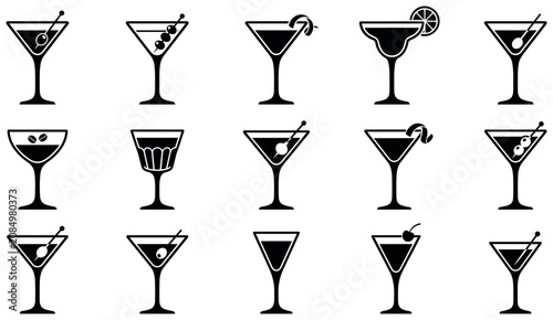 Collection of classic cocktail glass icons featuring olive garnishes and luxury drinkware.