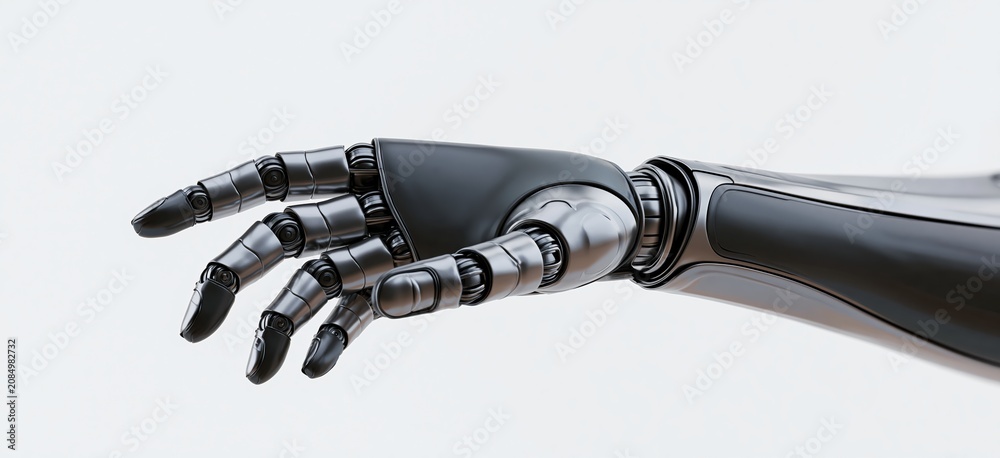 Obraz premium Robot arm and robotic hand reaching out as a symbol of artificial intelligence tech