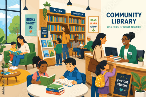 Community library interior with children reading and learning together