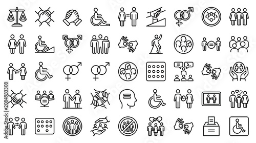 Diversity and equality line icon set, social inclusion and human rights
