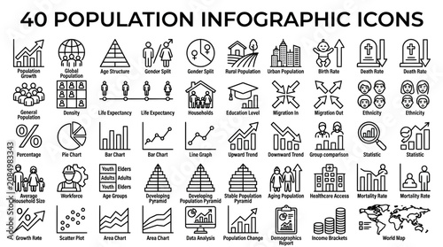 Population infographic data analysis and demographic thin line icon set