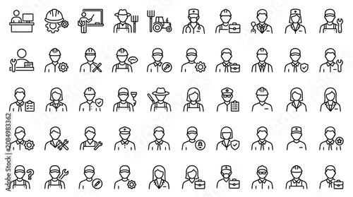 Professional occupations and job roles line icon set with occupations, employees