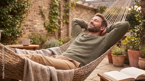 Smiling man relaxing in hammock with coffee on patio garden, enjoying slow weekend