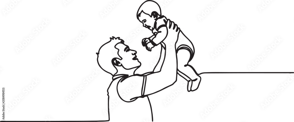 Fototapeta premium Minimalist line art illustration of a father holding his baby high over a horizontal ledge with parenting minimalist illustration monochrome affection togetherness upbringing stylized
