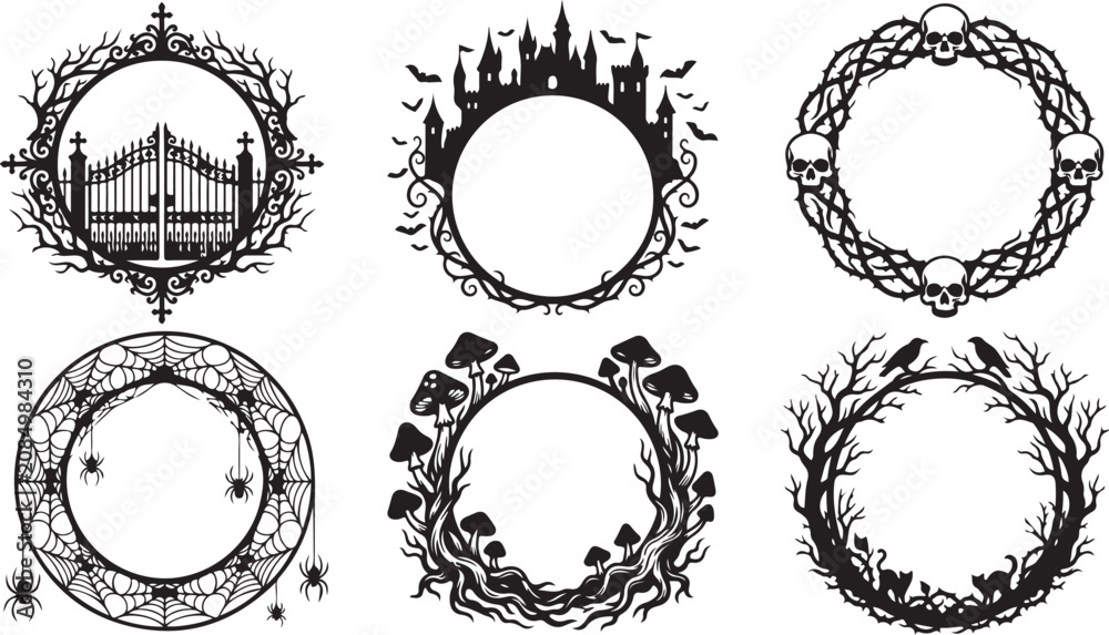Fototapeta premium Halloween wreath frames, 6 black and white vector illustrations, circular borders, seasonal decorations, clip art set