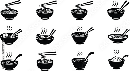 Konstfotografi Collection of Asian Noodle Soups: A visual assortment showcasing steaming bowls of traditional Asian noodle soups, each prepared with chopsticks and spoons