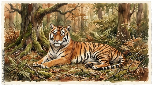 Majestic Tiger Resting Serene in Lush Forest Landscape.