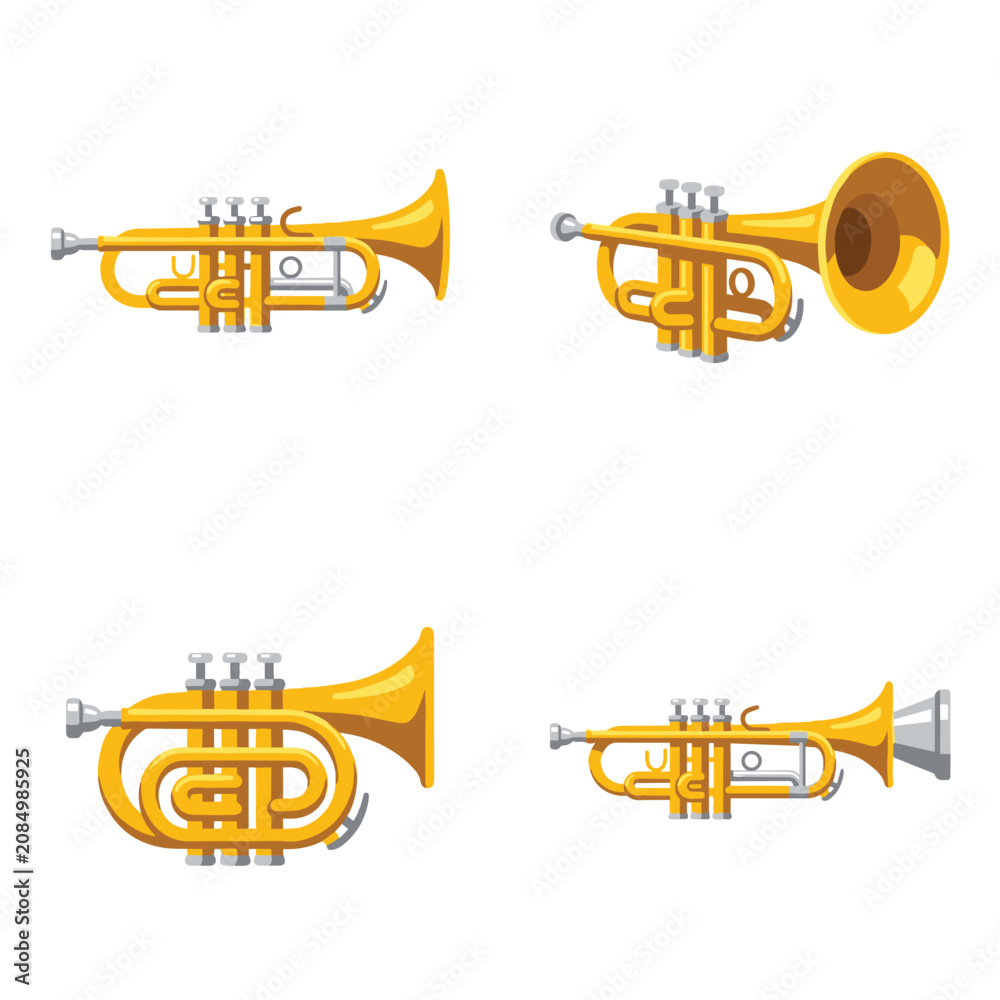 Fototapeta premium Set of four golden brass trumpets, vector icons, musical instruments, isolated on white