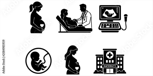Fotografie Pregnant Woman Silhouette Collection with Female Profiles in Different Pregnancy Stages for Maternity, Motherhood, Healthcare, and Family Lifestyle Design