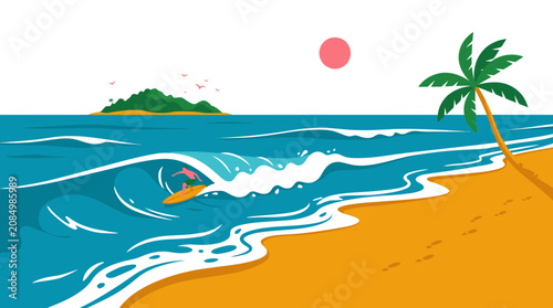 Surfer Riding Wave at Tropical Beach with Palm Tree and Island
