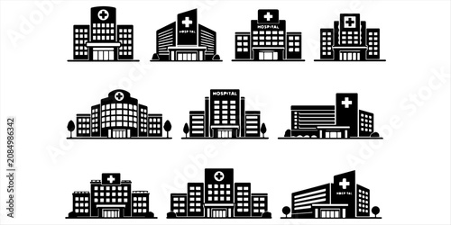 Hospital and clinic building icon set featuring variety of medical facility architectural styles with cross symbols in solid black and simple line art designs for web apps. Complete city building.