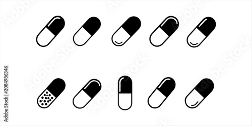 Bild auf Leinwand Medicine Capsule Solid Black Icon Set – Pharmaceutical Pill, Capsule and Healthcare Vector Collection