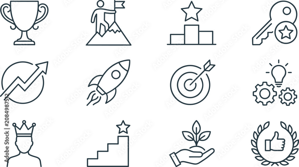 Fototapeta premium Business success outline icon collection featuring achievement growth leadership target innovation strategy and goal line vector illustration