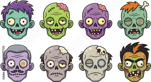 Fotografie Cartoon zombie head collection featuring spooky undead monster faces with creepy