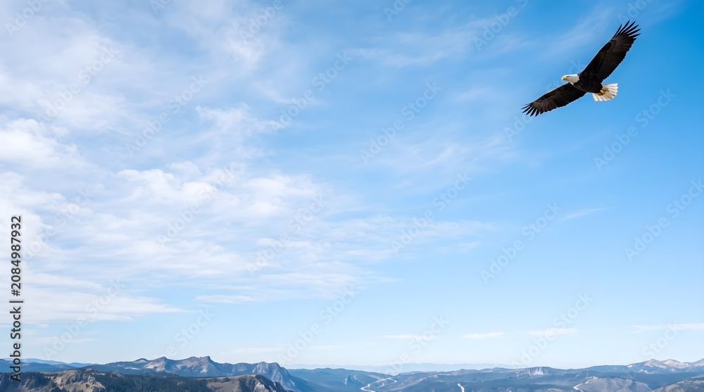 Fototapeta premium Bald eagle soaring over a mountainous landscape with a blue sky