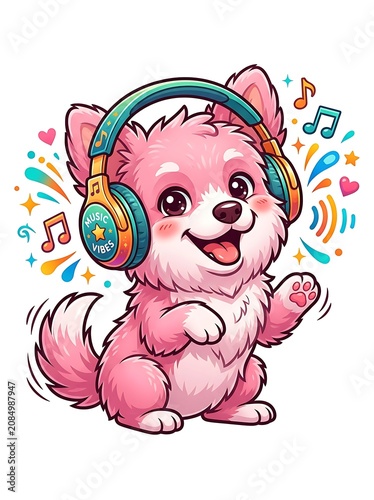 Adorable pink puppy wearing headphones and dancing to music